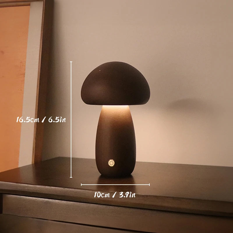 Wood Mushroom Table Lamp, Rounded Dome Shade, USB Rechargeable, Touch Control