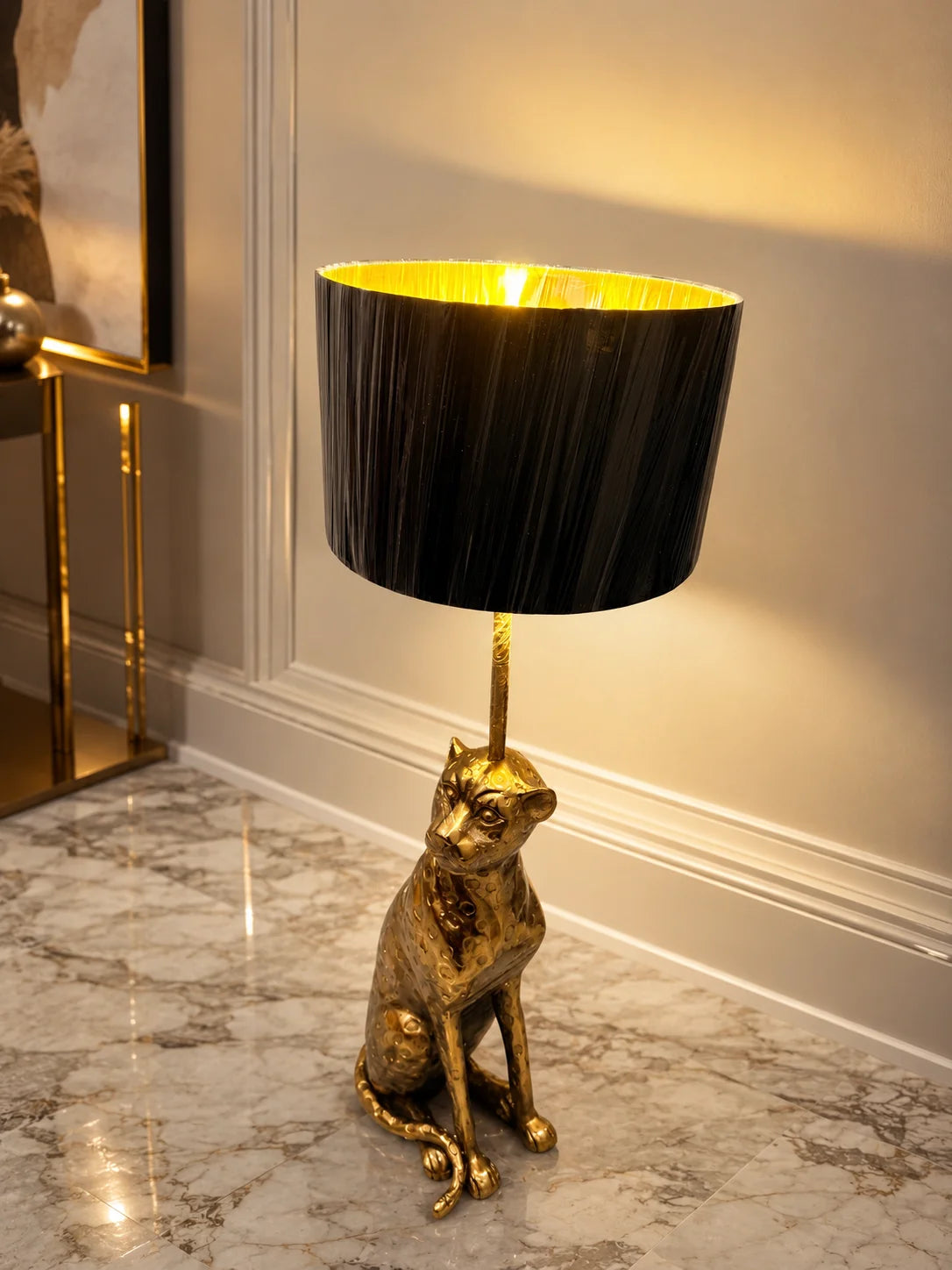 Polished Gold Leopard Floor Lamp, Large Pleated Black Drum Shade, Sculptural Animal Base, Living Room & Hallway Corner