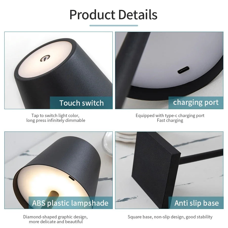 Cone Shade Table Lamp, Touch Control, Three Light Settings for Bedside, USB Rechargeable
