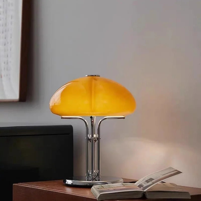 Dome Table Lamp, Glass Shade, Reflective Metal Stem, Bedroom Accent, UK Plug