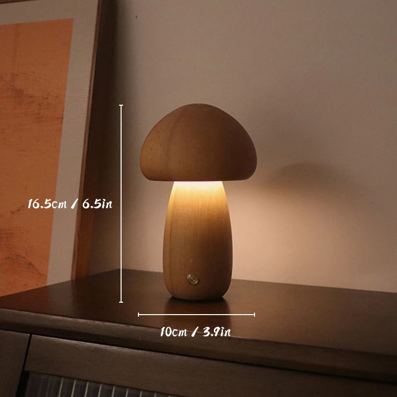 Wood Mushroom Table Lamp, Rounded Dome Shade, USB Rechargeable, Touch Control