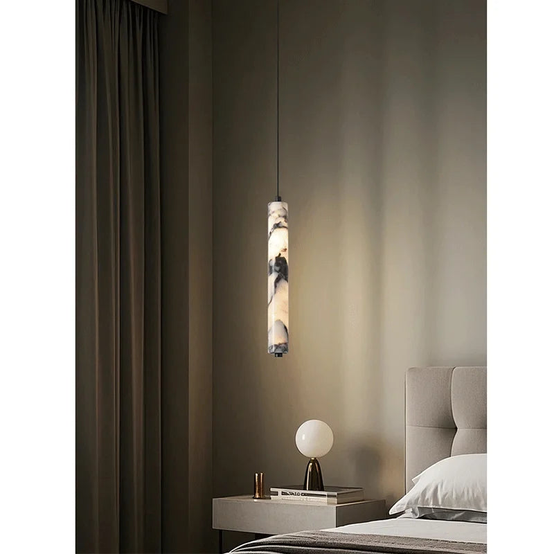 Natural Marble Cylinder Pendant Light, 4 × 28 cm, Integrated LED