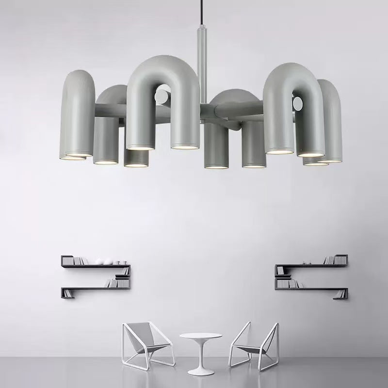 Matt Steel Arched Tube Chandelier, Grey Finish, 4 Radiating Arms, Integrated LED, Dining Room, Living Room & Home Office