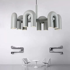 Matt Steel Arched Tube Chandelier, Grey Finish, 4 Radiating Arms, Integrated LED, Dining Room, Living Room & Home Office