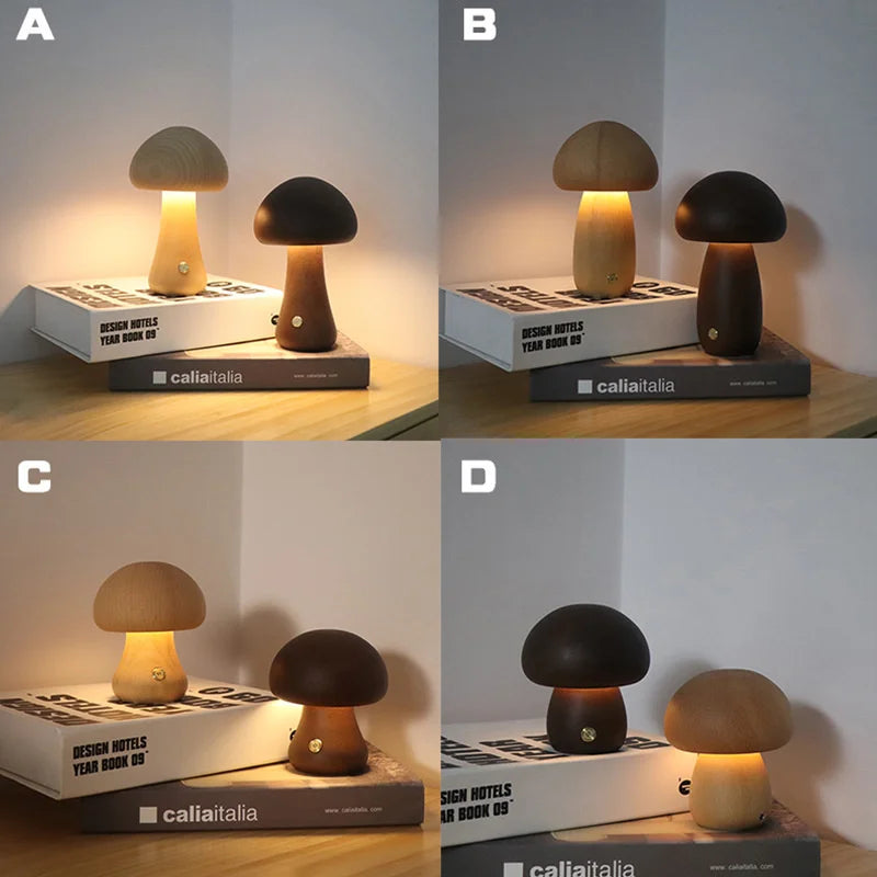 Wood Mushroom Table Lamp, Rounded Dome Shade, USB Rechargeable, Touch Control