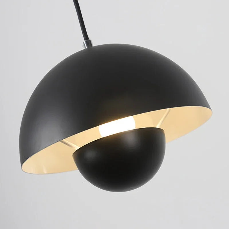 Painted Metal Dome Pendant Light, Half Sphere Shade with an Inner Ball, Gloss Black Finish, 23cm, Dining Room & Living Room