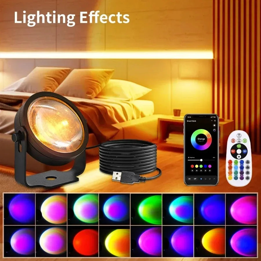 RGB Sunset Projector Table Lamp, App & Remote Control Options, Circular Light Effect