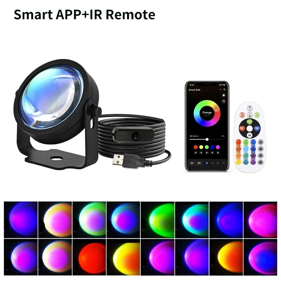 RGB Sunset Projector Table Lamp, App & Remote Control Options, Circular Light Effect