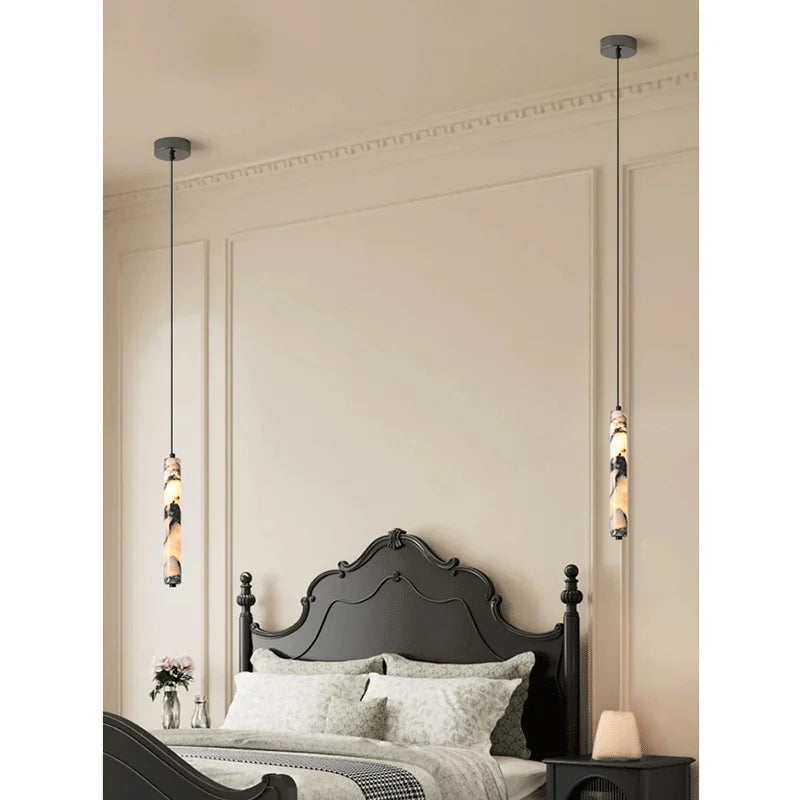 Natural Marble Cylinder Pendant Light, 4 × 28 cm, Integrated LED