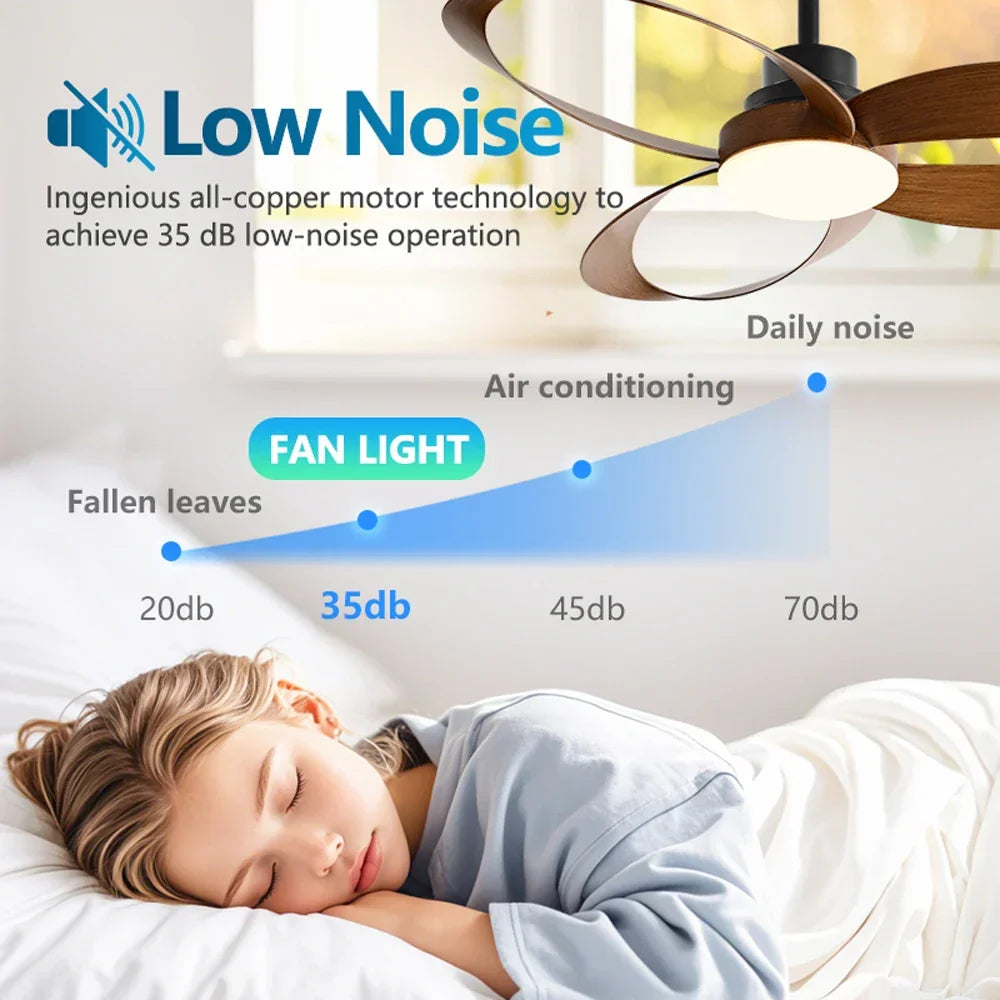 Modern ceiling fan – Wooden blades, dimmable LED lighting for the living room or bedroom