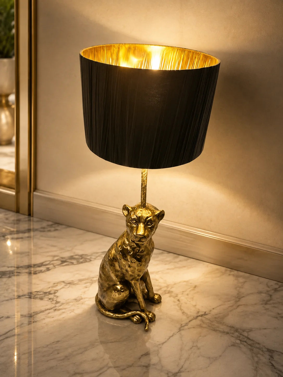 Polished Gold Leopard Floor Lamp, Large Pleated Black Drum Shade, Sculptural Animal Base, Living Room & Hallway Corner