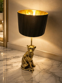 Polished Gold Leopard Floor Lamp, Large Pleated Black Drum Shade, Sculptural Animal Base, Living Room & Hallway Corner