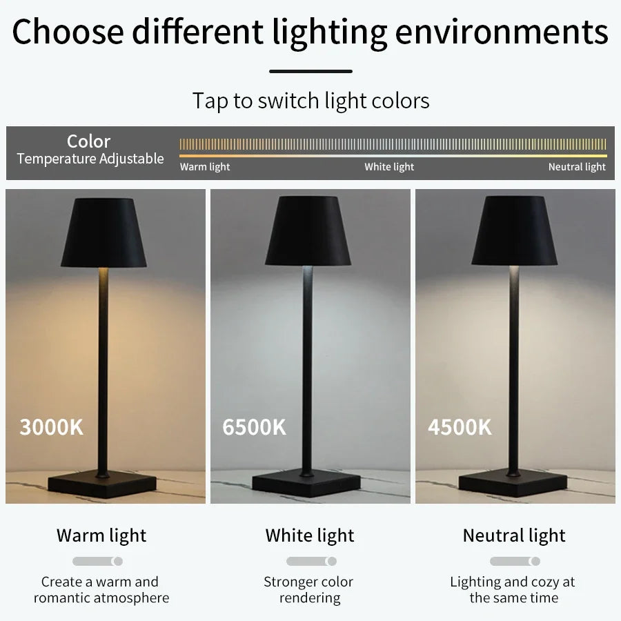 Cone Shade Table Lamp, Touch Control, Three Light Settings for Bedside, USB Rechargeable