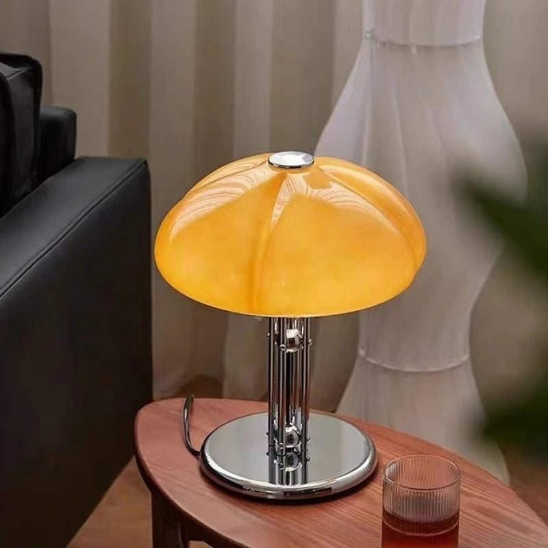 Dome Table Lamp, Glass Shade, Reflective Metal Stem, Bedroom Accent, UK Plug