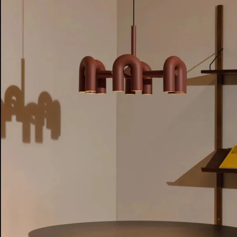 Matt Steel Arched Tube Chandelier, Rust Finish, 4 Radiating Arms, Integrated LED, Dining Room, Living Room & Home Office