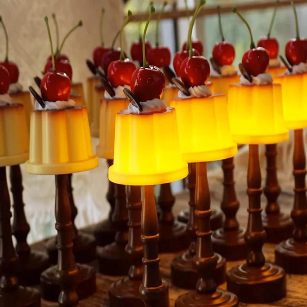 Yellow Pudding Table Lamp, Cherry Detail, Warm Decorative Glow for a Bedside Table