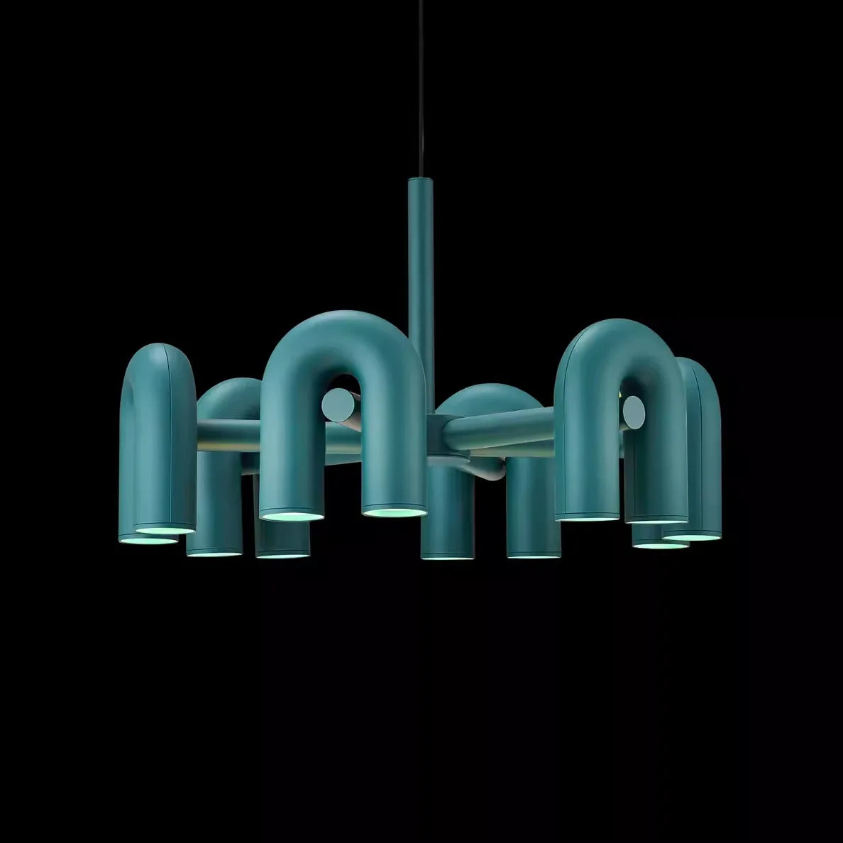 Matt Steel Arched Tube Chandelier, Teal Finish, 6 Radiating Arms, Integrated LED, Dining Room, Living Room & Home Office