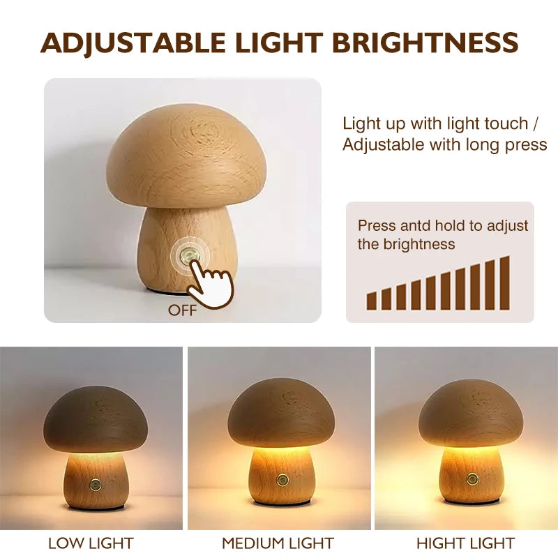 Wood Mushroom Table Lamp, Rounded Dome Shade, USB Rechargeable, Touch Control