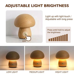 Wood Mushroom Table Lamp, Rounded Dome Shade, USB Rechargeable, Touch Control