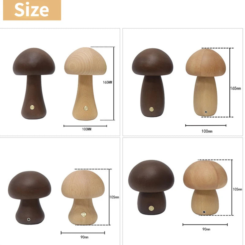 Wood Mushroom Table Lamp, Rounded Dome Shade, USB Rechargeable, Touch Control