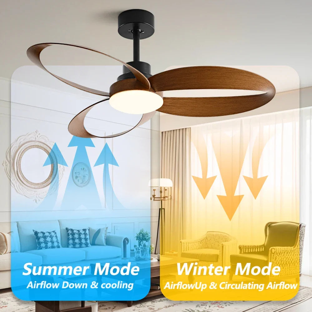 Modern ceiling fan – Wooden blades, dimmable LED lighting for the living room or bedroom