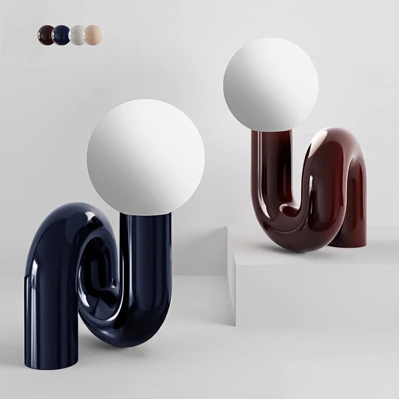 Loop Frame Desk Lamp, Curved Sculptural Form, Four Finishes, UK Plug, Globe Shade