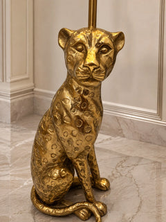 Polished Gold Leopard Floor Lamp, Large Pleated Black Drum Shade, Sculptural Animal Base, Living Room & Hallway Corner