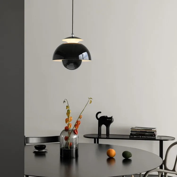 Glossy Black Ceramic Tiered Pendant Light, Two-Tier Dome Shape, Mid-Century Style, Kitchen Island & Dining Table