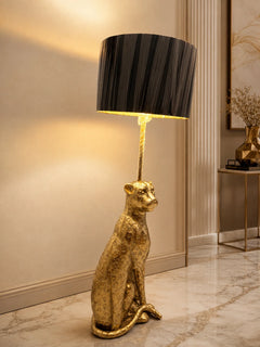 Polished Gold Leopard Floor Lamp, Large Pleated Black Drum Shade, Sculptural Animal Base, Living Room & Hallway Corner