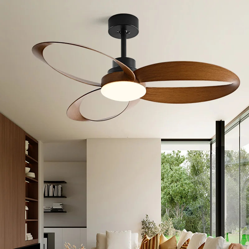 Modern ceiling fan – Wooden blades, dimmable LED lighting for the living room or bedroom