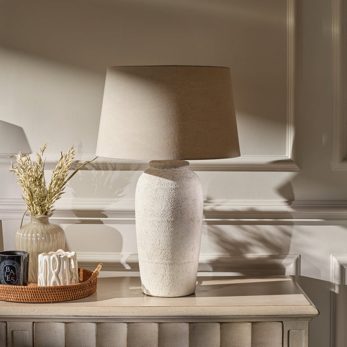 Selham 47cm Rustic White Ceramic Lamp Base & Coningsby Taupe Cotton Lampshade - 40cm