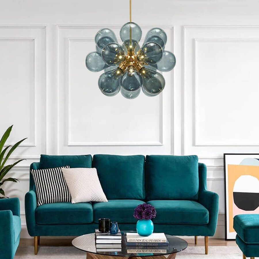 Modern Blue Blown Glass Bubble Sputnik Chandelier