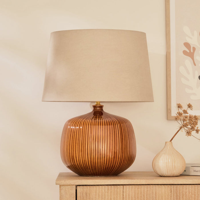 Tongham Saffron Yellow Ceramic Table Lamp & Coningsby Taupe Cotton Lampshade - 40cm