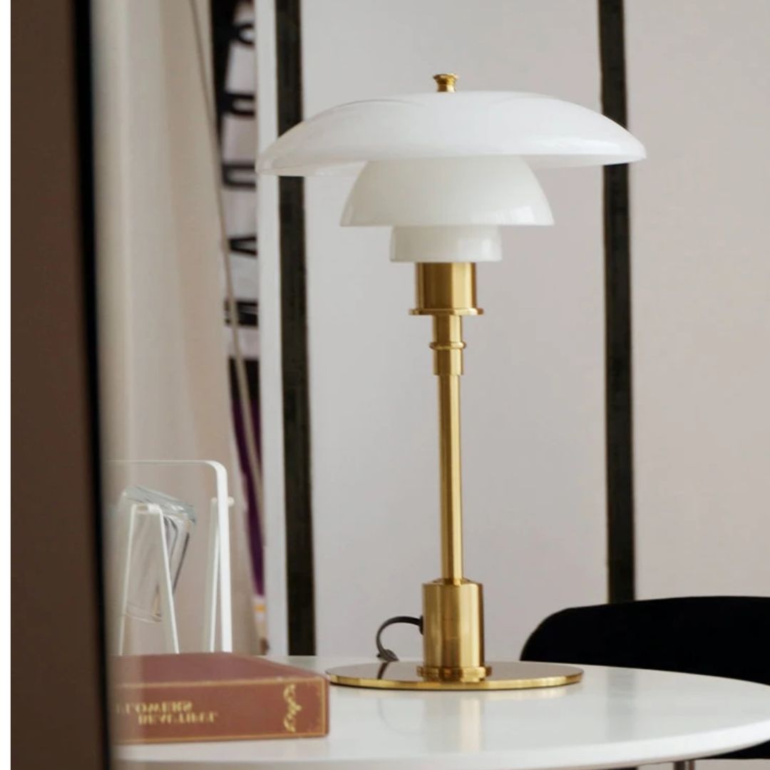 Scandinavian Table Lamp – White/Gold Glass, Modern Design for the Living Room or Bedroom