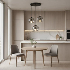 Smoked Glass Dome Pendant Light, 3 Lights Staggered, Matt Black Cap and Brass Holder, Dining Table & Kitchen Island
