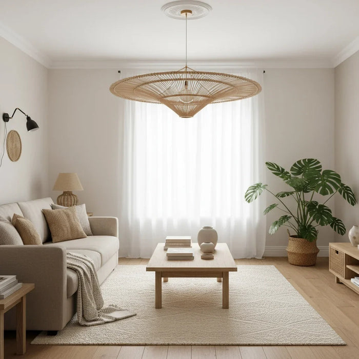 Woven Rattan Disc Pendant Light, Shallow Saucer Shade in a Natural Finish, Fine Radial Weave, Cord Suspension, Living Room & Dining Room