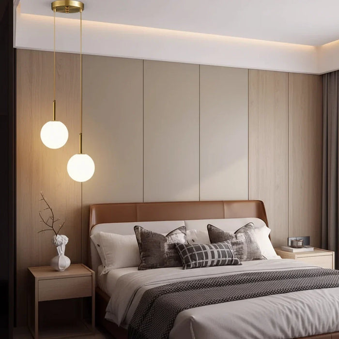 Opal Glass Globe Pendant Light, Frosted White Sphere on a Rigid Brass Rod and Ceiling Plate, Bedside, Bedroom & Living Room