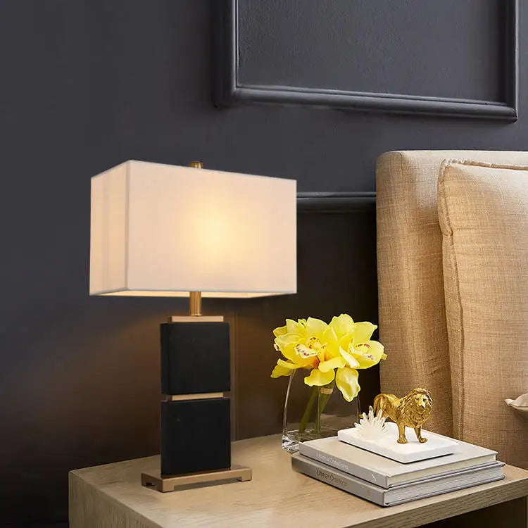 Polished Black Marble Block Table Lamp, Brass Collar Detail, Rectangular Fabric Shade, Living Room &