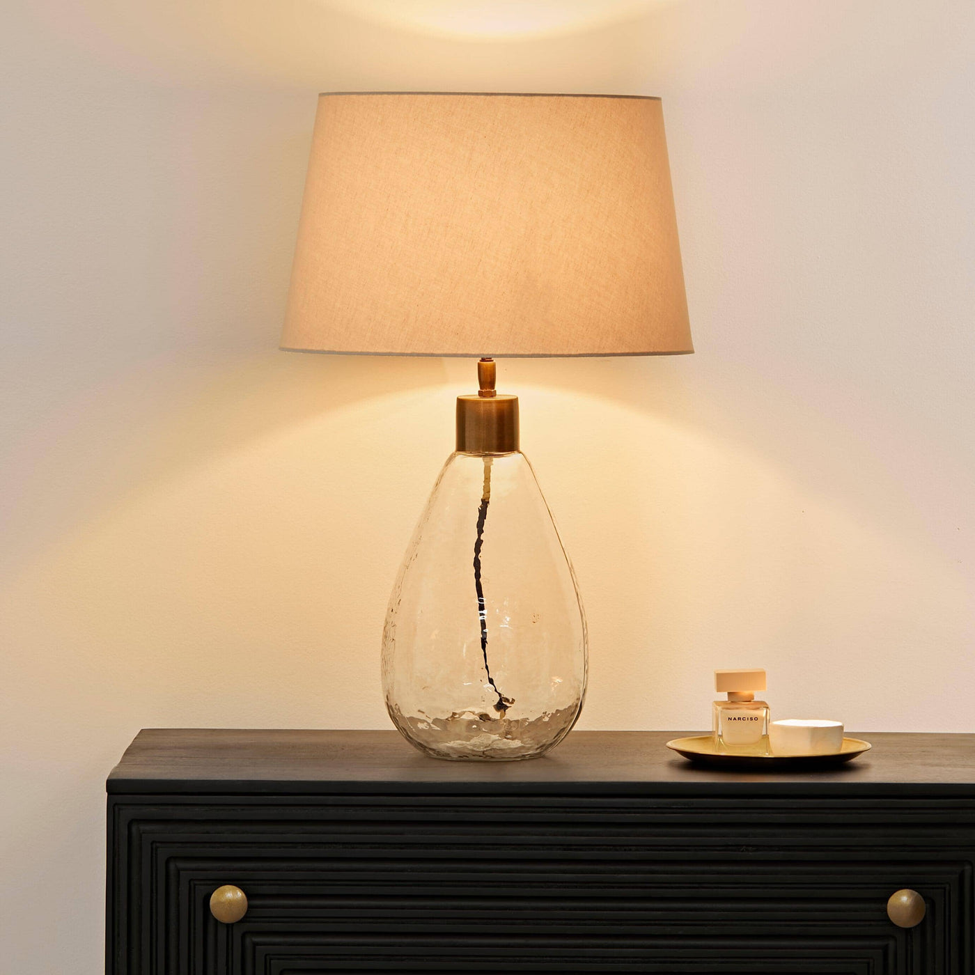 Breamore Clear Glass Lamp & Coningsby Taupe Cotton Lampshade - 35cm