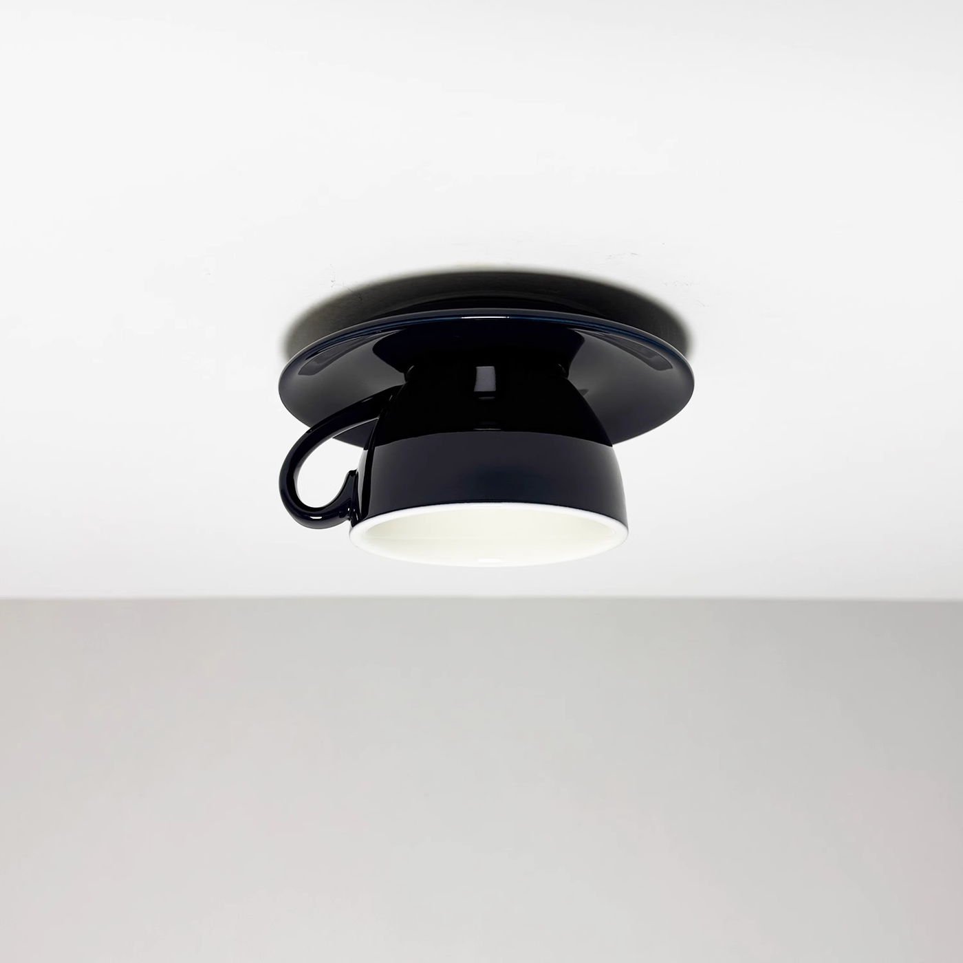 Glazed Ceramic Bowl Flush Ceiling Light, Black Finish, Playful Handle Detail, Set of 2, Bedroom, Living Room & Dining Room