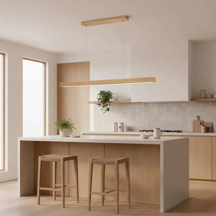 Solid Wood Linear Bar Pendant Light, Integrated LED Strip in a Pale Timber Frame, Cable Suspension, Kitchen Island, Dining Table & Home Office