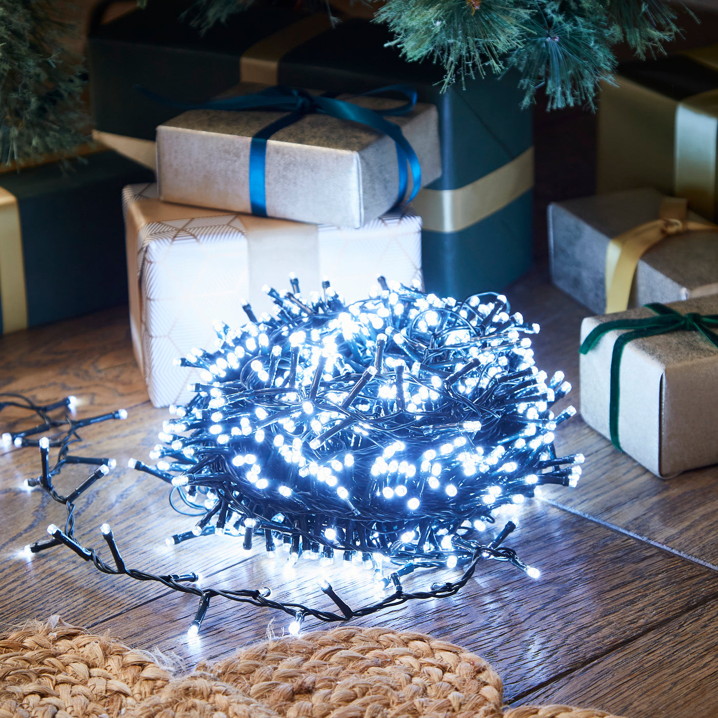 ice white string light wrapped up in circle under tree, emitting light