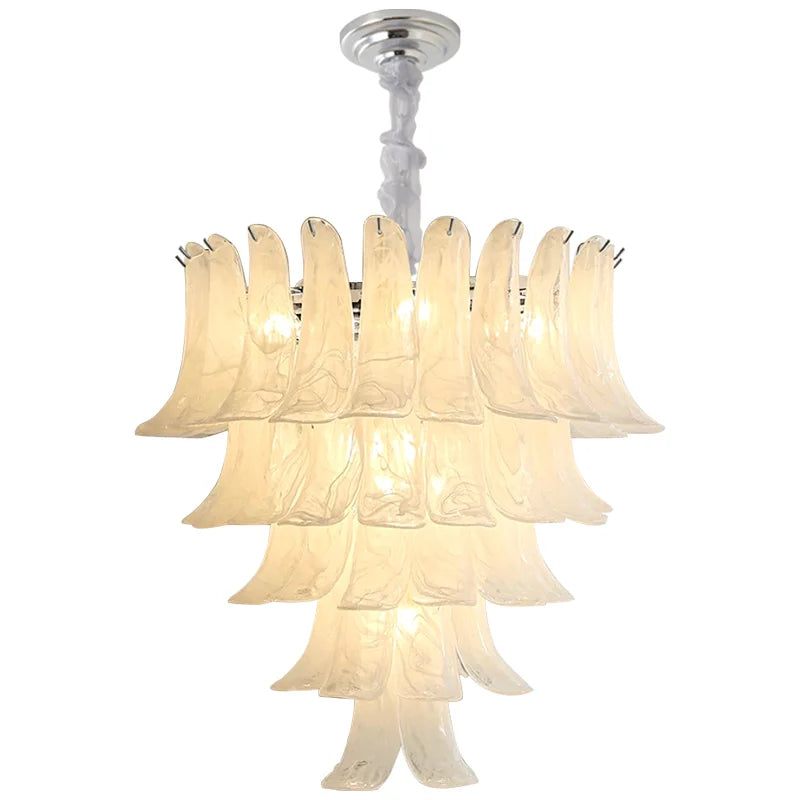 Textured Frosted Glass Tiered Chandelier, White and Grey Finish, Cascading Petal Design, Set of 2, D