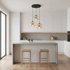 Amber Glass Dome Pendant Light, 3 Lights Staggered, Matt Black Cap and Brass Holder, Dining Table & Kitchen Island