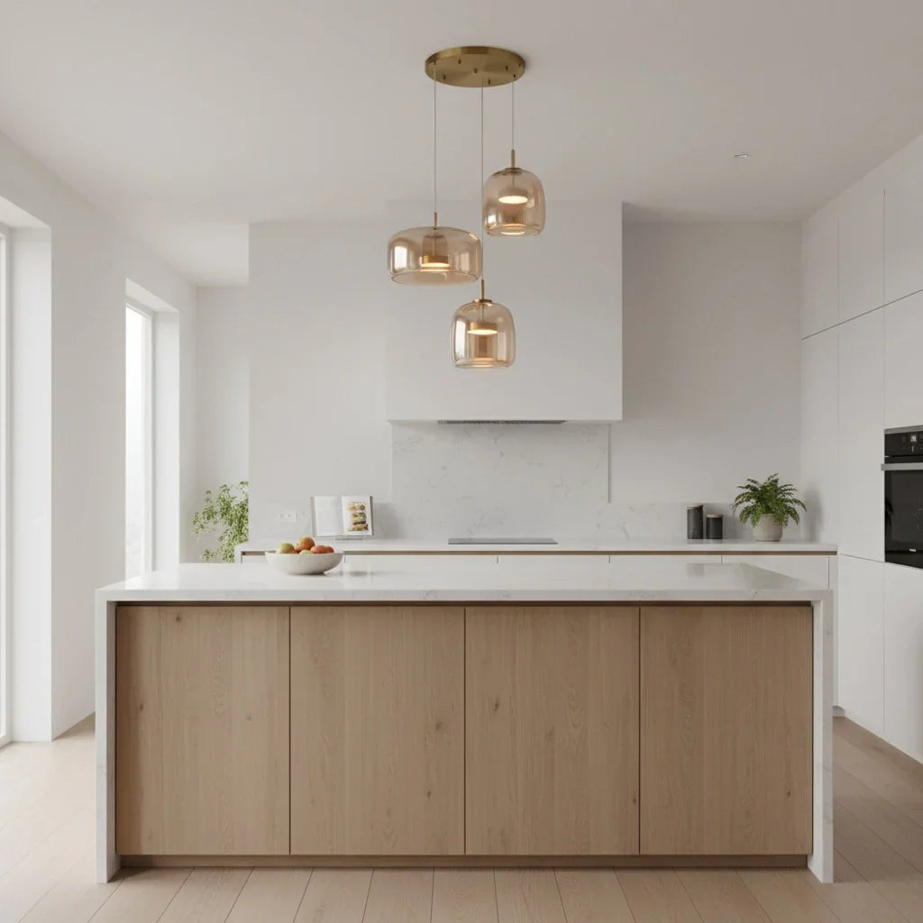 Amber Glass Trio Pendant Light, Three Staggered Drums, Brushed Brass Stems, Set of 2, Kitchen Island & Dining Table