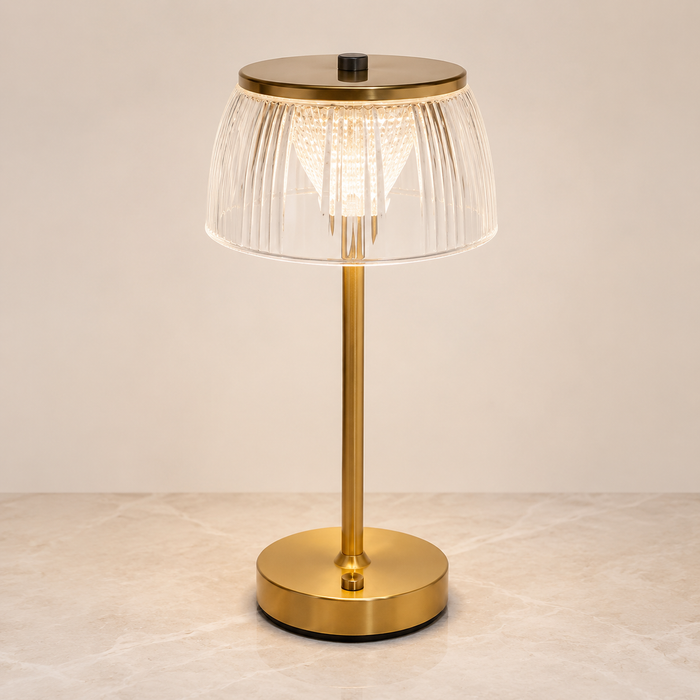 Fluted Shade Rechargeable Table Lamp, Brushed Brass Column and Disc Base, Cordless LED, Bedside, Bedroom & Console