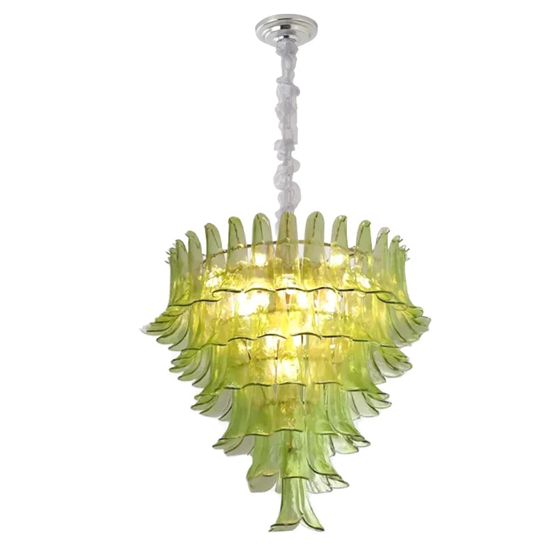 Textured Green Glass Tiered Chandelier, Chrome Frame, Cascading Petal Design, Set of 2, Dining Room 