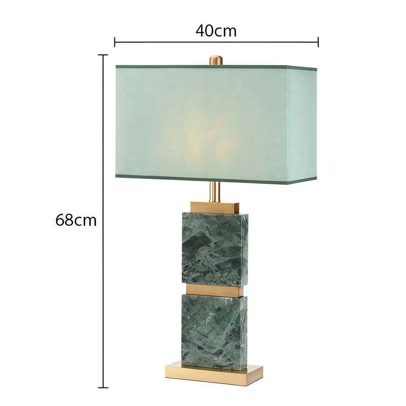 Polished Green Marble Block Table Lamp, Brass Collar Detail, Rectangular Fabric Shade, Living Room &