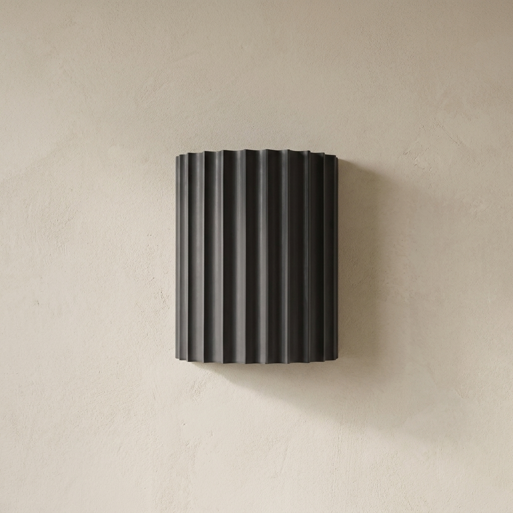 Fluted Wall Light In Dark Grey, Deep Pleated Curved Shade With Open Top And Base, Bedroom, Living Room & Hallway