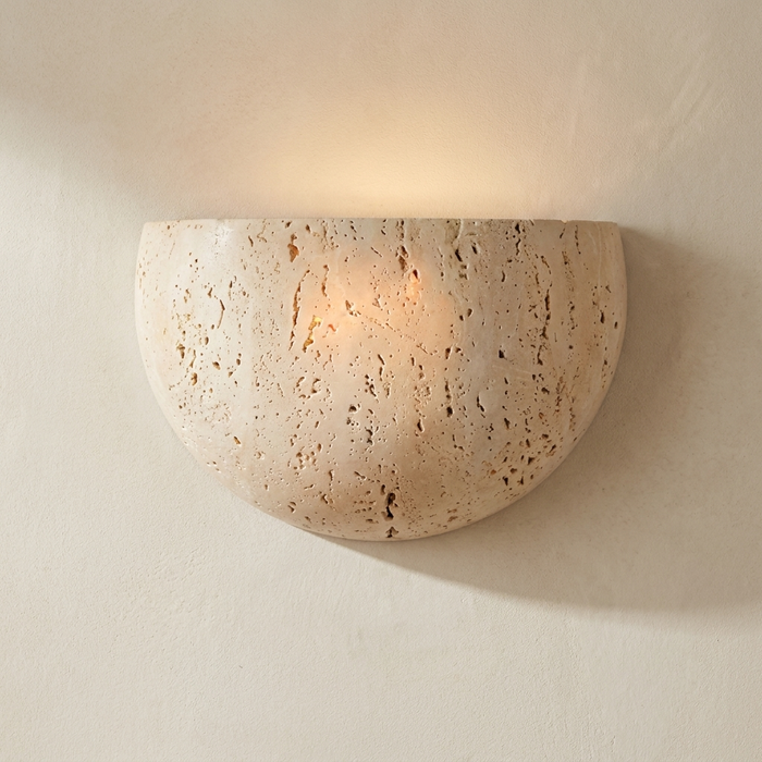 Textured Travertine Half Moon Wall Light, Stone Uplighter Bowl In Natural Beige, Hardwired, Hallway, Living Room & Bedroom